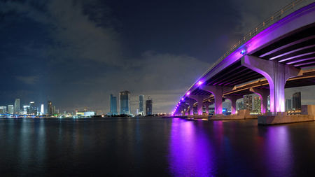 Purple Lights - purple, river, night, buildings, bridge, lights