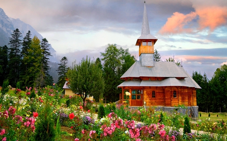 BEAUTIFULGARDEN - hill, flowers, house, garden, sky