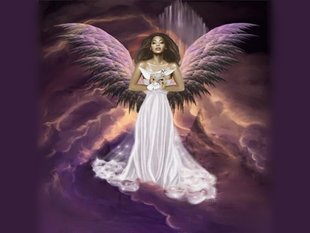 ANGEL BETWEEN HEAVEN AND EARTH - white, female, dove, wings, dress, angel