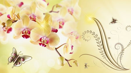 Orchids Gold - orchid, delicate, jewels, gold, exotic, butterfly, yellow, dragonfly, firefox persona, flower