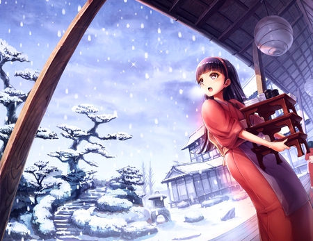 The First Snow - amagi, amagi yukiko, persona, chinese lantern, tray, lantern, stair, tree, winter, persona 4, daizo, pixiv id 324716, yukiko, brown hair, anime, apron, long hair, brown eyes, kimono, snow