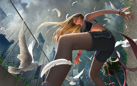 Pigeon Feathers - skyscraper, animals, cloudy sky, bracelets, blonde hair, clouds, anime, tree, grass, birds, jewelry, fence, feathers, johannes voss, long hair, buildings, pigeon, city