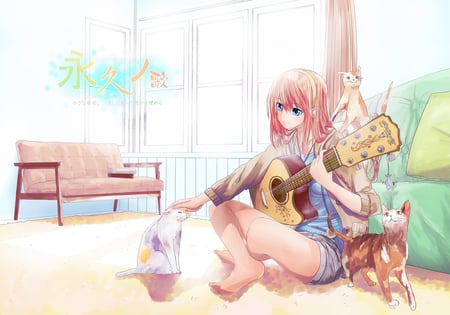 Megurine Luka - guitar, vocaloid, anime, female, megurine luka, cats, pink hair