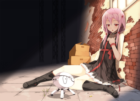 Yuzuriha Inori - red eyes, yuzuriha inori, guilty crowm, pink hair, robot, wall, female, anime