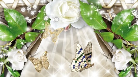 White Rose Sparkle - stars, jewels, summer, shine, sparkle, white roses, glow, butterfly, leaves, flowers, butterflies