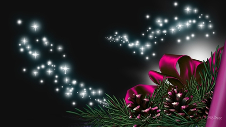 Glowing Winter Design - stars, pine needles, pine cone, shine, christmas, bright, bow, new years, ribbon, sparkles, firefox persona