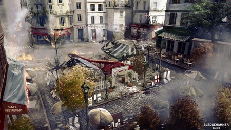 Paris Courtyard - trees, call of duty, cod, video game, smoke, mw3, paris, courtyard, concept art