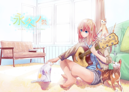 Megurine Luka - outfit, virtual, shorts, digital, neko, vocaloids, song, barefoot, couch, cats, megurine, singer, megurine luka, cool, pink, awesome, vocaloid, thighhighs, anime, cg, sunlight, clouds, living room, cute, guitar, beautiful, girl, anime girl, pink hair, light, luka, program, aqua eyes, artistic, pretty, glow, aqua, thigh highs, beauty, window, chair, art, diva, sky, room, nice, pet, 3 cats, house, idol, music, green