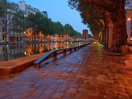 Saint Martin Canal in the Early Morning - canal, water, buildings, sidewalk