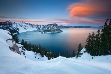 Crater Lake National Park. - cloud, sun, lake, sky, island, tree, mountain, park, snow