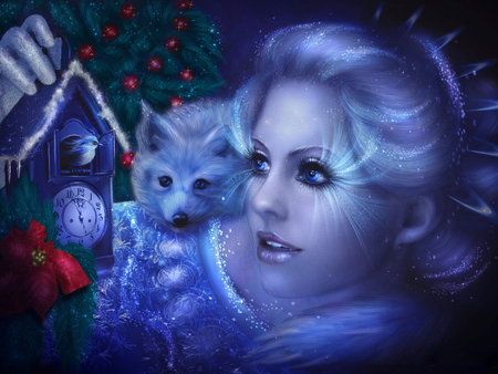 Holiday spirit - women, new year, people, time, fantasy, glitter, decorations, dog, holiday, lace, clock, tree, girl, blue eyes, winter, holly, christmas, sparkle, bird, fox, abstract, blue, blonde