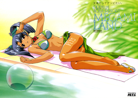 sun by the pool - brown, flip flops, lying, bikini, beautiful, anime, ball, feet