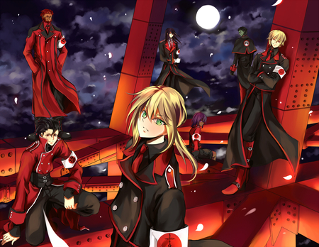 Fate zero - red, uniform, moon, anime, fate zero