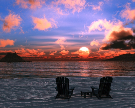 Splendid Sunset - relaxing, chair, fiery, clouds, red, sun, sunset, splendid