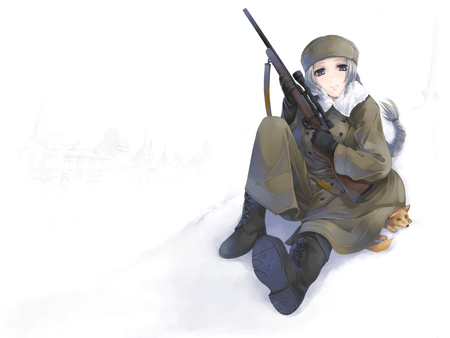 Sniper - clod, sniper, soldier, wite, female, winter, fox, rifle, snow, anime, white hair