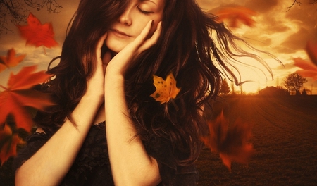 Goodbye autumn - beauty, hands, sunshine, autumn, girl, hair, face, nature, goodbye, golden colors, leaves, farewell