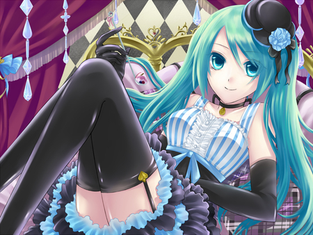 Miku!!! - aqua eyes, cute, vocaloid, anime, hat, stockings, female, hatsune miku, blue hair