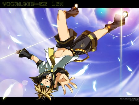 Len Side Down - upsidedown, side down, sky, wind, lost, kagamine, sidedown, downwards, spiral, up side down, air, light, reaching, len, vocaloid, reach out, len kagamine, breeze, reach reaching out, kagamine len