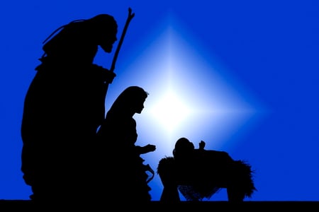 Silhouette of Christmas - silhouettes, joseph, jesus, star, blue, mary, first christmas, christmas