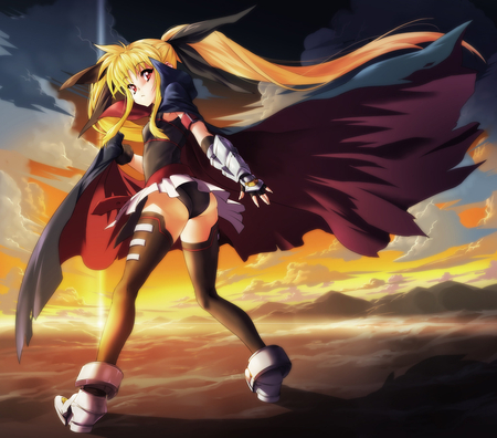 Fate Testarossa - sky, female, twintails, magic, fate testarossa, mahou shoujo lyrical nanoha, fantasy, red eyes, anime, bodysuit, cape