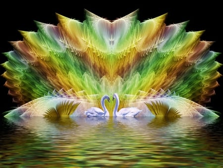 A Magic Lake - abstract, swan, lake, 3d, reflection, fractal