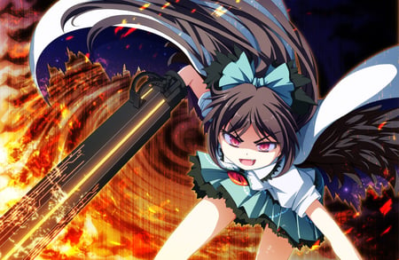 Rampage - anime, female, reiuji utsuho, cape, rampage, red eyes, fantasy, touhou, fire, wings