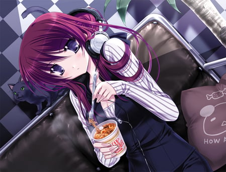 Gonna share some ramen with me? - instant noodles, anime, headphones, female, cute, fork, cat