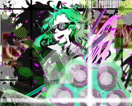 gumi - short hair, glasses, voice, colors, blousse, green hair