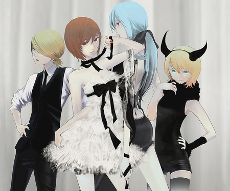 vocaloid - girls, short hair, black, dress, long hair, demon, dark, blue eyes