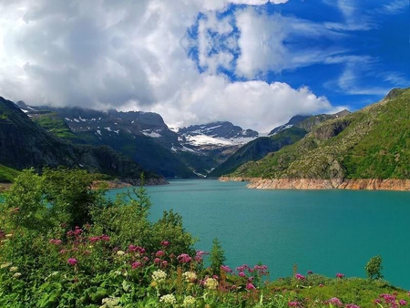 Emosson Lake - flowers, sky, lake, mountains