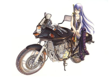 saeko - sky, blue eyes, long hair, bluosse, weapon, motociclete, purple hair