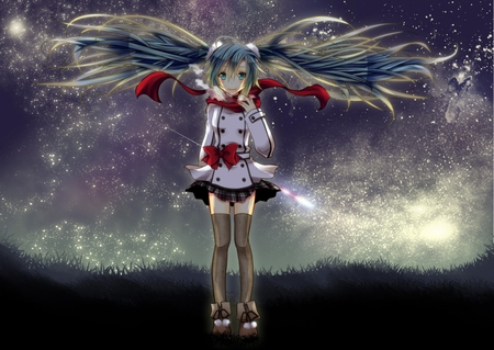 Hatsune Miku - horizon, aqua, thigh highs, thighhighs, music, anime girl, stockings, white, amazing, art, purple, cool, shooting star, aqua eyes, artistic, hatsune miku, skirt, leggings, song, stunning, vocaloids, program, vocaloid, beautiful, diva, beauty, nice, sky, twintail, singer, aqua hair, black, virtual, pretty, idol, clouds, anime, miku, cute, twin tail, stars, girl, cg, hatsune, blue, awesome, coat, digital, gray