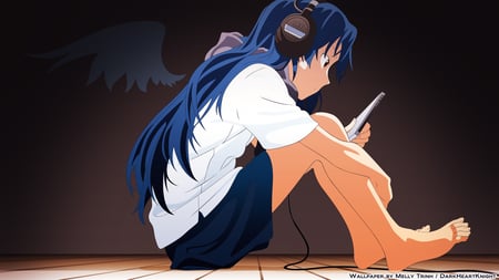 angel music - blue hair, sit, dress, angel, blousse, long hair, iphone