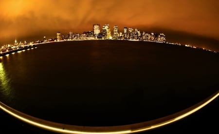 An eye on Manhatten - manhatten, water, look, view, evening, night, light, orange sky