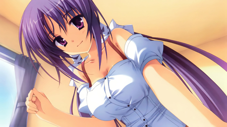 Cute Girl - anime, dress, girl, eyes, hair, purple, hd, cute, background, outfit, wallpaper