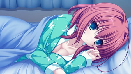 Cute Girl - sleeping, bed, eyes, hair, sleepy, purple, anime, cute, dreaming, girl, background, cyan, wallpaper, dream, hd, sleep, red, blue, outfit, dress