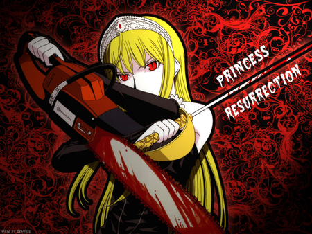 princess resirrection - princess, red eyes, yelow haie, weapon, blousse, black