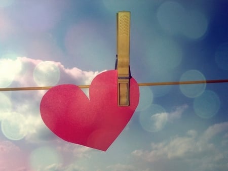 ♥Heart♥ - red heart, heart, blue, photography, love, rope, pin, cloud, sky