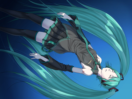 Sleeping in Water - vocaloid, water, miku hatsune, hatsune miku, blue background, drowning, miku, sleeping in water, hatsune, sleeping