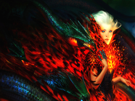 Dragon Mistress - red, cool, hot, summon, fire, white, fantasy, magic, dragons, sexy, woman, cape, green