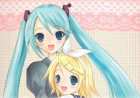 Us Sisters - hatsune, miku, miku hatsune, together, pink, cute, rin, kagamine rin, cute background, vocaloid, pink background, hatsune miku, rin kagamine