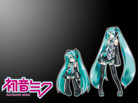 Miku Plus One - chibi miku, hatsune miku, multiple mikus, chibi, light, two mikus, life size miku, japanese, corner light, black backgroud, miku hatsune, hatsune, vocaloid, life size, miku