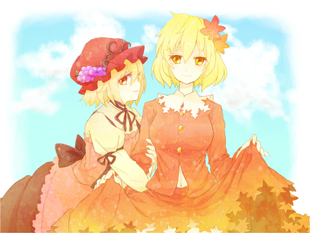 Cute Girls - hat, anime, aki shizuha, blonde hair, kawai, girls, aki minoriko, short hair, touhou, cute, rojiuranoneko