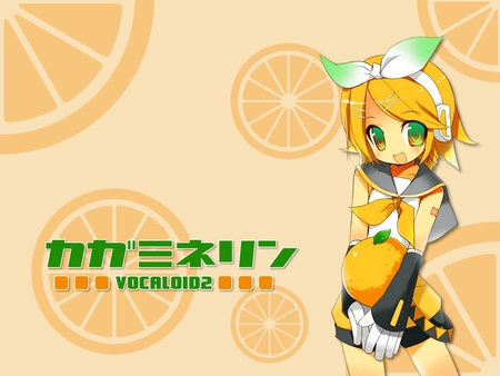 Chibi and an Orange - rin with oranges, vocaloid, alone, orange rin, chibi rin, rin, solo, kagamine rin, chibi, orange background, rin with orange, kagamine, background of oranges, orange, rin and an orange, oranges, rin kagamine, rin and oranges, japanese