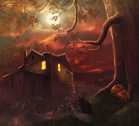 Cats of Ulthar - moon, house, night, pumpkin, tree, scary, lights, halloween, cats