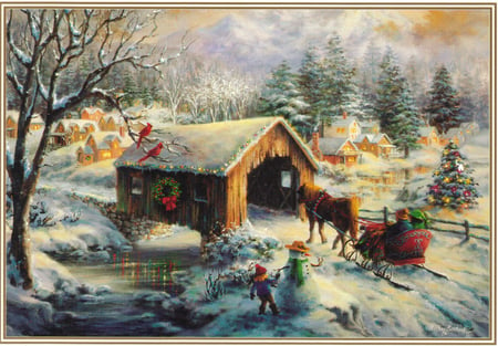 Christmas ride in the Country - christmas, snowman, winter, sled, country, bridge