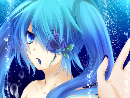 Hatsune Miku - aqua, music, anime girl, underwater, white, art, cool, petals, aqua eyes, artistic, hatsune miku, deep sea girl, song, blue rose, vocaloids, program, vocaloid, beautiful, sea, diva, beauty, nice, water, twintail, singer, aqua hair, bubbles, rose, black, virtual, pretty, idol, anime, miku, cute, twin tail, ocean, girl, cg, hatsune, blue, digital, awesome, flower