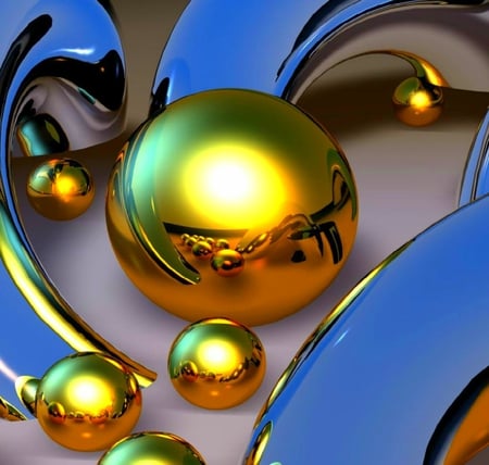 golden reflection - abstract, gold, blue, balls