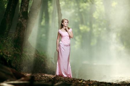 Lady in pink - beauty, nature, trees, forest, light, pink dress, beautiful girl, lovely