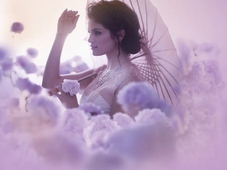 Lady With Umbrealla - clouds, pretty, young girl, female, people, beautiful, fashion, beauty, entertainment, hair, flush, cheeks, black, umbrella, woman, sky